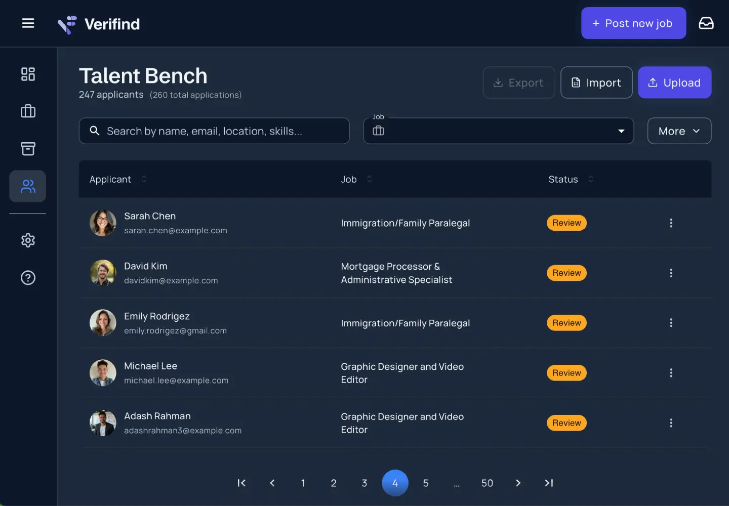 Verifind talent bench dashboard